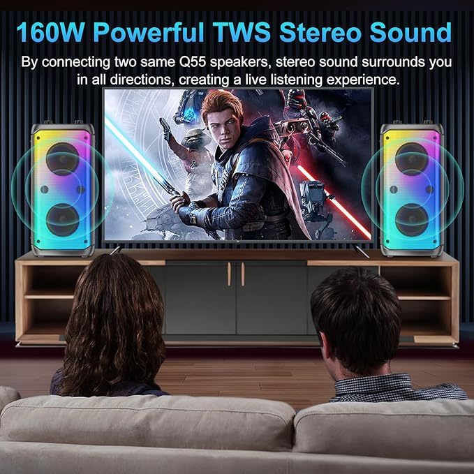 Bluetooth Speaker, 80W Peak Wireless TWS Portable Outdoor Party Speakers with Subwoofer, Deep Bass, LED Colorful Lights, Loud Stereo Sound Boombox with Radio for Home, Camping, Travel