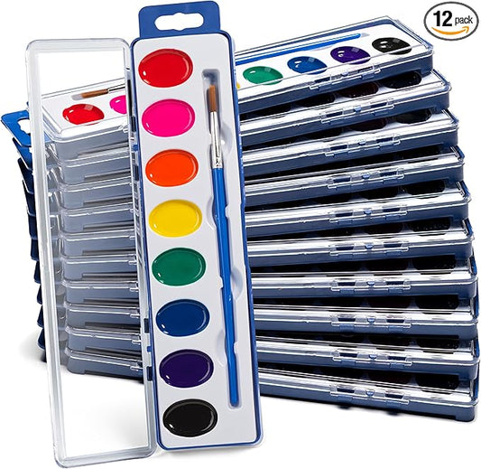 Bedwina Watercolor Paint Sets for Kids - Bulk Pack of 12, 8 Washable Water Color Paints in Palette Tray and Painting Brush for Coloring, Art, Classrooms and Paint Party Supplies