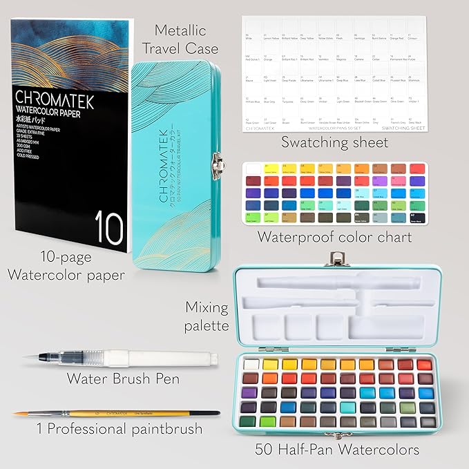 CHROMATEK Watercolor Paint Set – 50 Vivid Colors Including Transparent, Opaque & Pastel – Art Kit with Brush, Water Pen, Palette, Color Chart, Swatch Sheets, Pad & Metal Travel Case