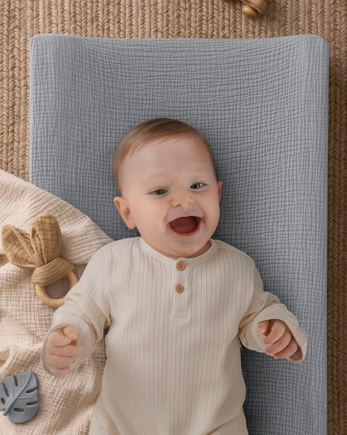 Blissful Diary Muslin Baby Changing Pad with Waterproof Lining Foam, Diaper Changing Table Pad with Cover for Dressers (Gray, Rectangular)