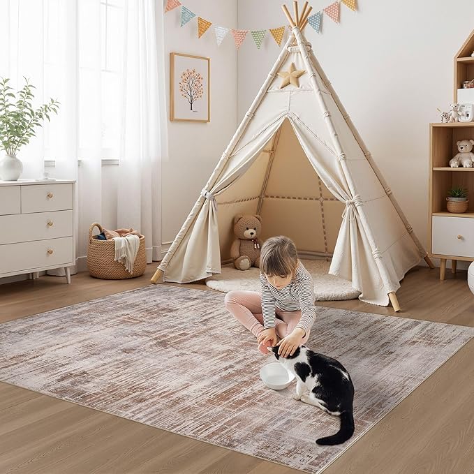 Area Rug for Living Room: 4x6 Washable Neutral Abstract Modern Soft Rugs Non Slip Indoor Floor Stain Resistant Carpet for Bedroom Dining Room Office Nursery - Red Brown