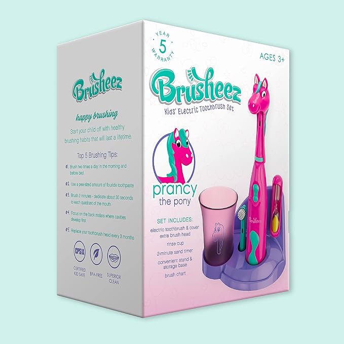 Brusheez Kids’ Electric Toothbrush Set - Safe & Effective for Ages 3+ - Parent Tested & Approved with Gentle Bristles, 2 Brush Heads, Rinse Cup, 2-Minute Timer, & Storage Base (Prancy The Pony)