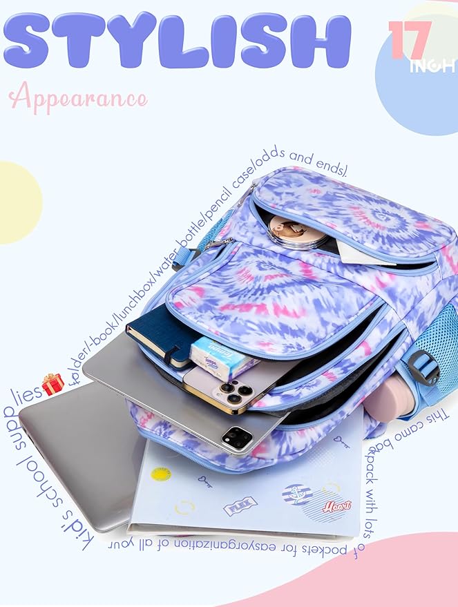 BLUEFAIRY Kids Backpack for Girls Elementary Primary Middle School Bags for Aged 8-10 for Teens Childs Bookbags Back to School Book Bags Cute Mochilas para Niñas Tie-dye Violet