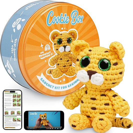 Cookie Box Crochet Kit for Beginners - Learn to Craft Amigurumi Stuffed Animals - Knitting Gift for Kids and Adults - Beginner-Friendly Yarn - Stitch-by-Stitch Video Tutorial - Leopard Leo
