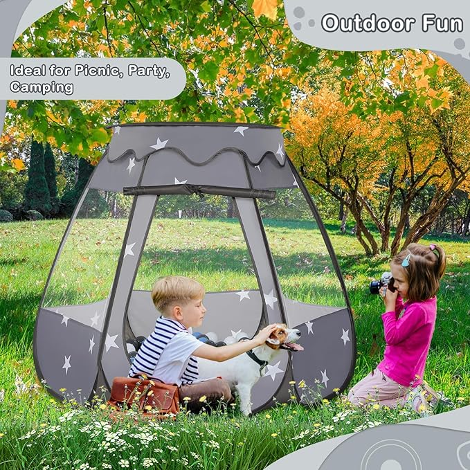 Baby Ball Pit for Toddler with 50 Balls, Kids Pop Up Play Tent for Girls, Princess Toys Gifts for Children Indoor & Outdoor Playhouse (Black: Gray/White/Babyblue, 109x90cm/50 Balls)