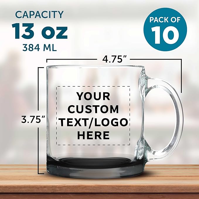 Custom Libbey Clear Glass Coffee Mugs 13 oz. Set of 10, Personalized Bulk Pack - Perfect for Coffee, Tea, Espresso, Hot Cocoa, Other Beverages - Black Bottom