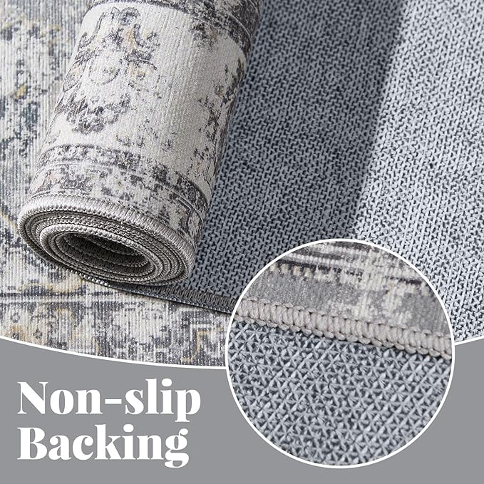 jinchan Runner Rug 2x7 Machine Washable Hallway Rug Grey Vintage Floral Print Non-Slip Low Pile Ultra-Thin for Kitchen,Entryway,Laundry Room,Bedroom,Farmhouse (2‘x7’,Grey)