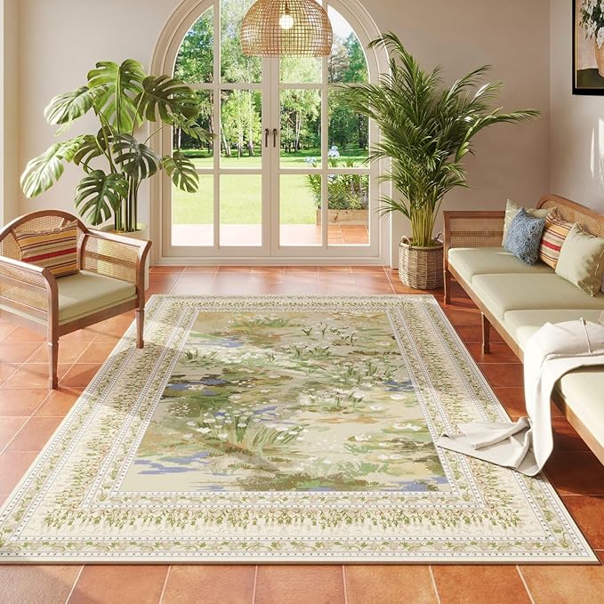3x5 Washable Rug Impressionist-Style Vintage Non Slip Low Pile Small Carpet for Bedroom Bedside Kitchen Entryway Kids Room Office College Dorm Essentials for Girls, Beige