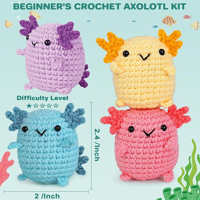 Crochetta Crochet Kit for Beginners, Crochet Starter Kit w Step-by-Step Video Tutorials, Beginner Crochet Kit for Adults Kids Women Men Complete Kit Included (4 Mini Axolotls)