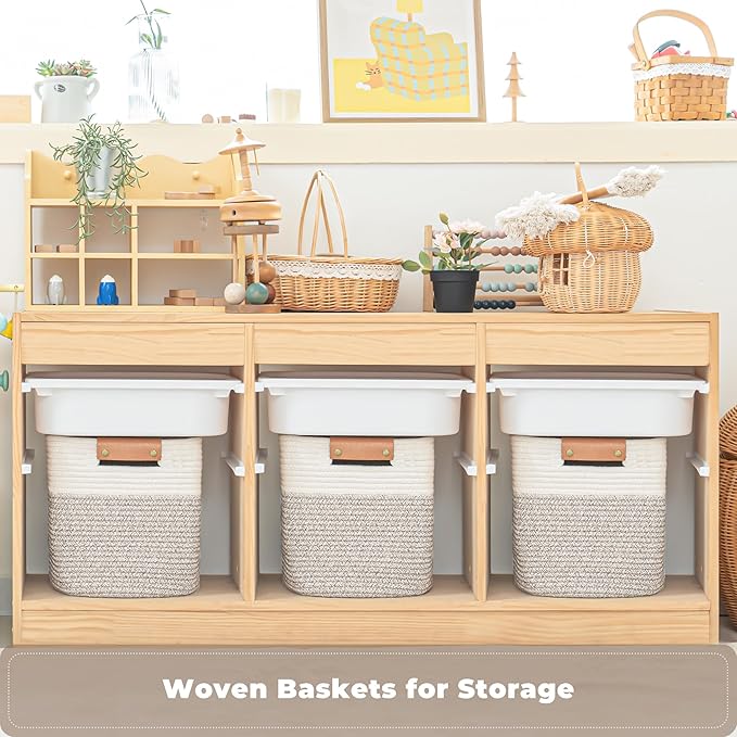 danpinera 11 Inch Storage Baskets, Woven Baskets for Organizing, 3 Pack Storage Cubes for Shelves, Closet, Nursery with Removable Leather Handles, White & Mixed Brown