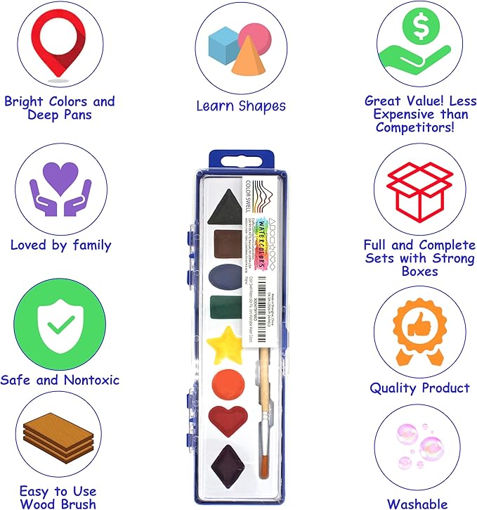 Color Swell Bulk Watercolor Paint Set – 4-Pack with 8 Washable Colors & Shape Learning Tools – Includes Strong Wood Brushes for Kids