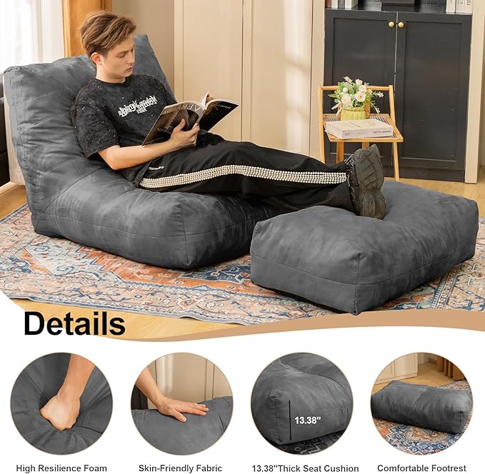 Bean Bag Chair with Ottoman, Comfy Bean Bag Sofa with Memory Foam, Lazy BeanBag Sofa with Footstool, Fireside Bean Bag Couch for Living Room, Bedroom, Apartment