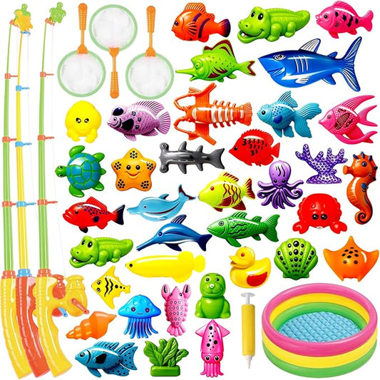 CozyBomB™ Magnetic Fishing Toys Game Set for Kids | Water Table Bathtub Kiddie Pool Party & Pole Rod Net, Plastic Floating Fish Toddler Color Ocean Sea Animals Birthday Age 3 4 5 6 Year