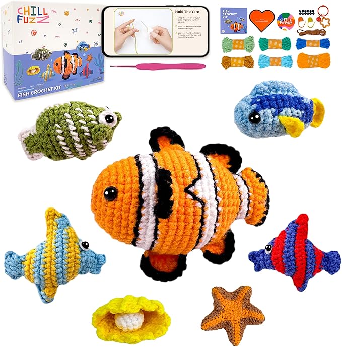 ChillFuzz Animal Crochet Kit Beginner Crochet Kit for Adults and Kids with Yarn Hook and Instructions Creative DIY Craft Project Aquarium