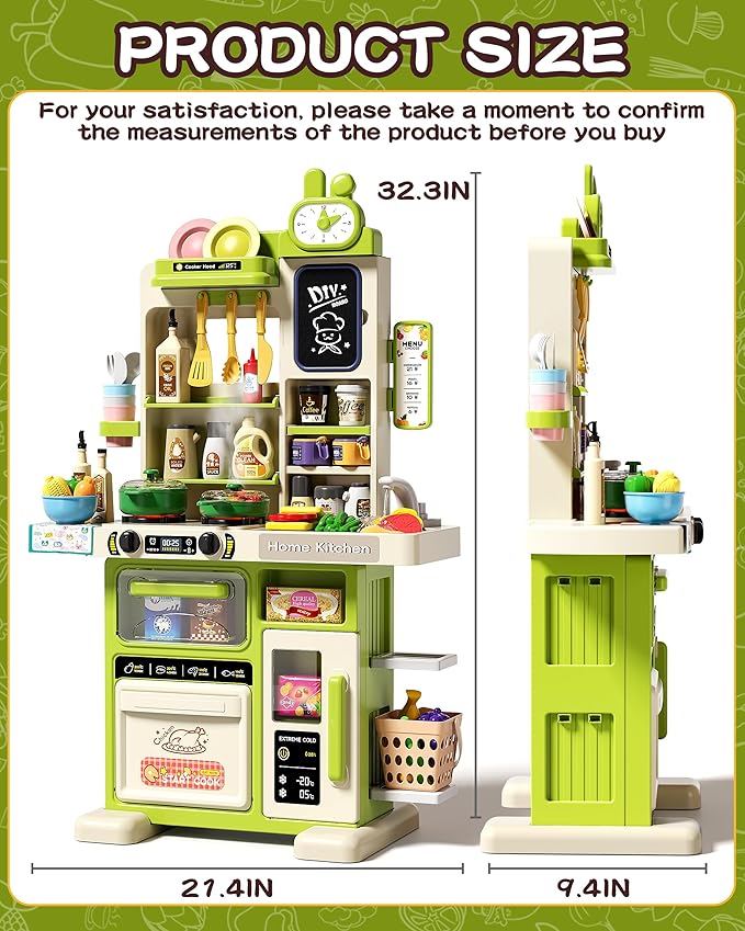 33.8IN Kids Kitchen Playset, 70PCS Kid Play Kitchen with Realistic Lights & Sounds, Spray Sink Toy Kitchen Accessories, Pretend Food Toys Kitchen for Boys Girls Toddlers(Green)