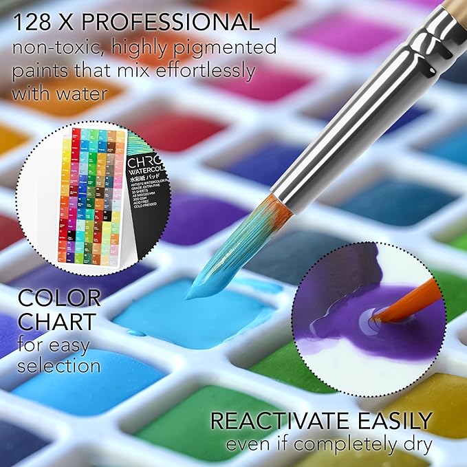 CHROMATEK Watercolor Paint Set – 128 Vibrant Colors for Artists & Beginners with Palette – Includes Metallic, Fluorescent, Pastel & Opaque Shades, Brushes, Pad, Swatch Sheets & Travel Case