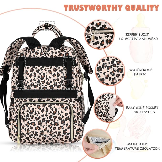 Baby Diaper Bag Backpack Travel Diaper Bags for Baby Girl Boy Large Capacity Baby Bag Backpack for Women Leopard Print