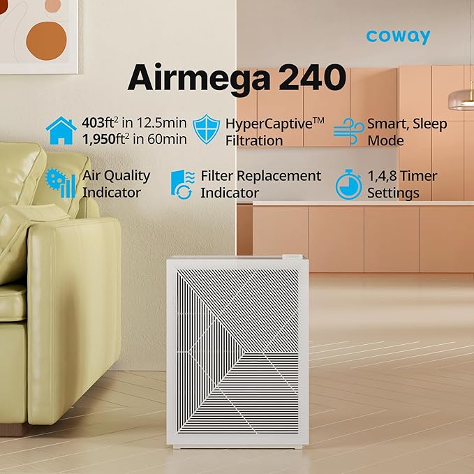 Coway Airmega 240 True HEPA Air Purifier with Air Quality Monitoring, Auto, and Filter Indicator, Dove White