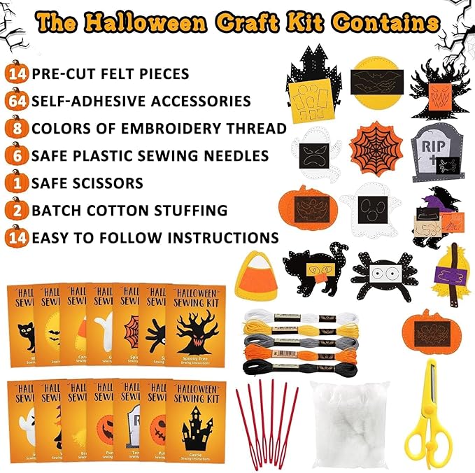 CiyvoLyeen Halloween Craft Kit Kids DIY Crafting and Sewing Set HalloweenStuffed Animal Felt Plushie for Girls and Boys Educational Beginners Sewing Set Sewing Kits for Kids Age 8 9 10 11 12