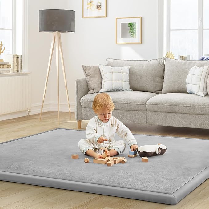 Baby Play Mat for Floor Tummy Time Nursery Muscle Area Playroom Rug Tatami Mat 6'7"x6'7" Memory Foam 1.3" Thick Crawling for Babies,Toddlers, Infants, Kids(Light Gray)
