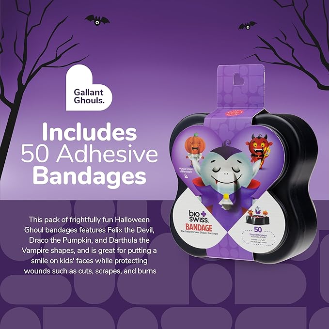 BioSwiss Bandages, Halloween Ghouls Shaped Self Adhesive Bandage, Latex Free Sterile Wound Care, Fun First Aid Kit Supplies for Kids and Adults, 50 Count