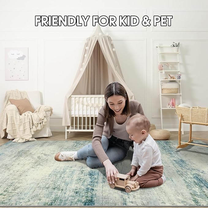 Area Rug 9x12 Washable Rugs: Abstract Large Living Room Rugs with Non-Slip Backing, Thin Carpet for Dining Room Table Bedroom Nursery Indoor Home Office-Blue/Gray