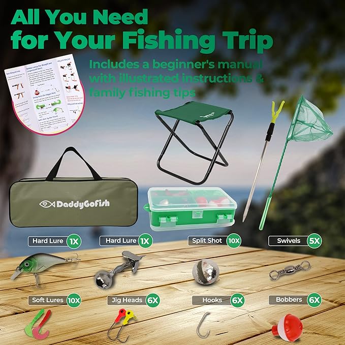 DaddyGoFish Kids Fishing Pole - Rod Reel Combo Tackle Box Starter Set - First Year Small Gear Kit for Boys Girls Toddler Youth Age Beginner Little Children