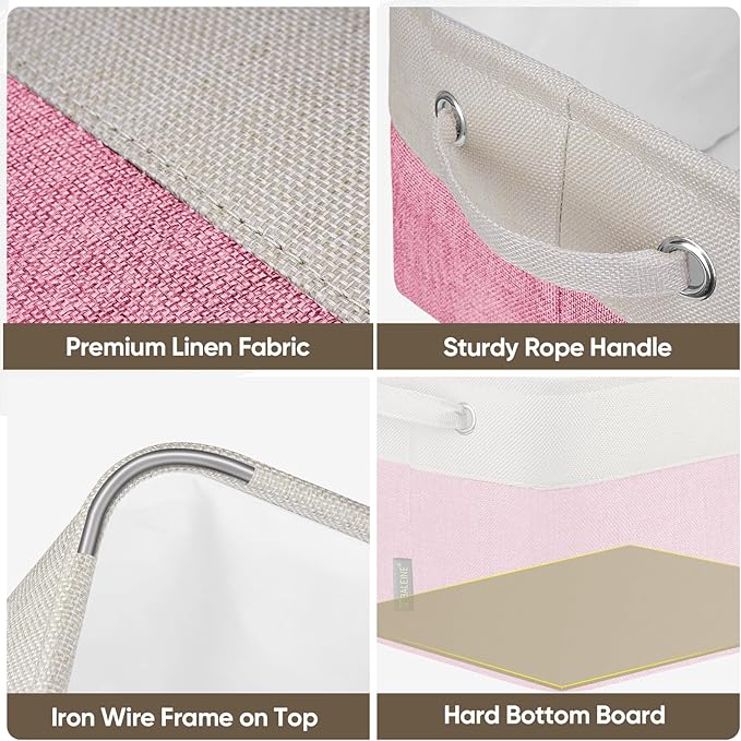 BALEINE 3 Pack Fabric Storage Bins for Shelves, Linen Storage Baskets for Organizing, Decorative Closet Bins for Clothes, Home (Pink, 15''x11''x9.5'')