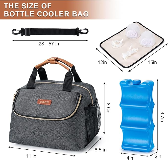 Breastmilk Cooler Bag with Ice Pack Fits 6 Baby Bottles up to 9 Ounce, Wearable Breast Pumps Cooler Bag for Nursing Mom Daycare, Work, Travel- Dark Grey