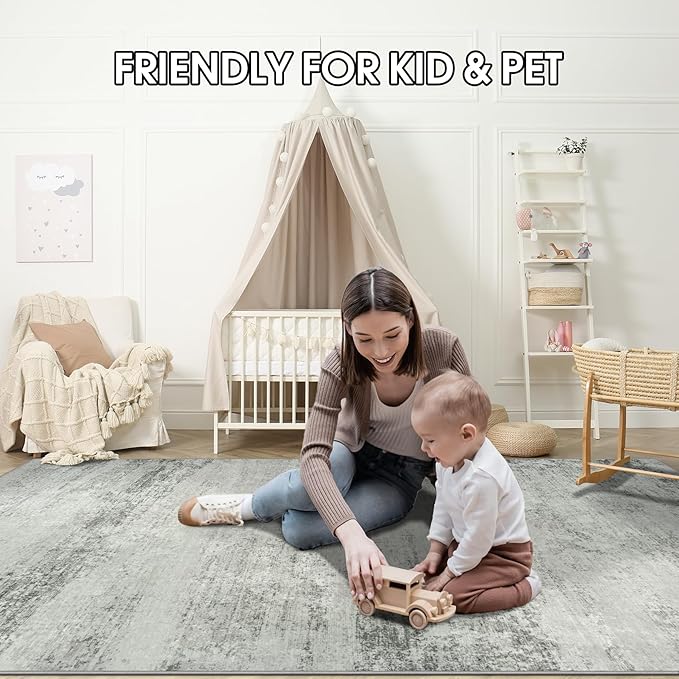 Area Rug 9x12 Washable Rugs: Abstract Large Living Room Rugs with Non-Slip Backing, Thin Carpet for Dining Room Table Bedroom Nursery Indoor Home Office-Gray