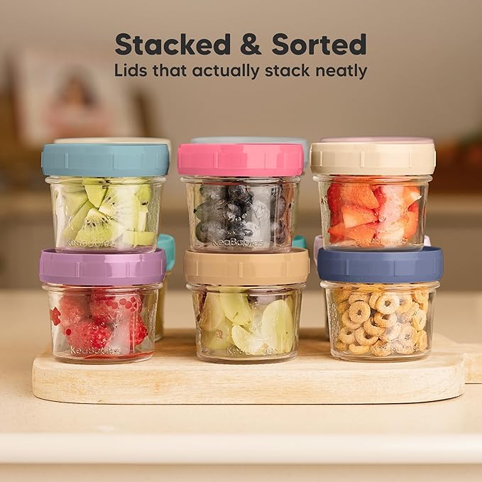 KeaBabies 6pk 4oz Glass Baby Food Containers with Lids - Leak-Proof, Microwavable Small Glass Jars, Baby Purees & Toddler Snack Storage Containers, BPA-Free, Dishwasher & Freezer Safe (Sunset)
