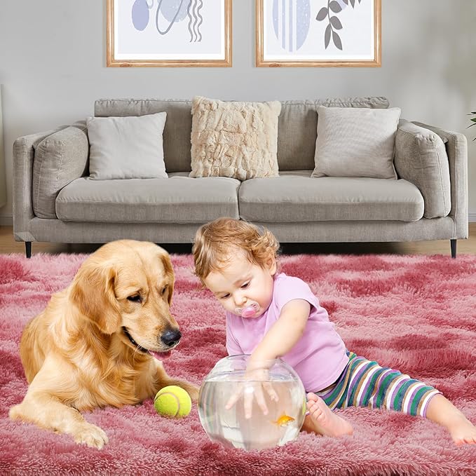 Area Rugs 9x12, Fluffy Rugs for Living Room, Ultra Soft Rugs for Bedroom, Non-Slip Indoor Carpet for Nursery, Kids Room, Playroom, Home Decor, Tie-Dyed Dark Pink