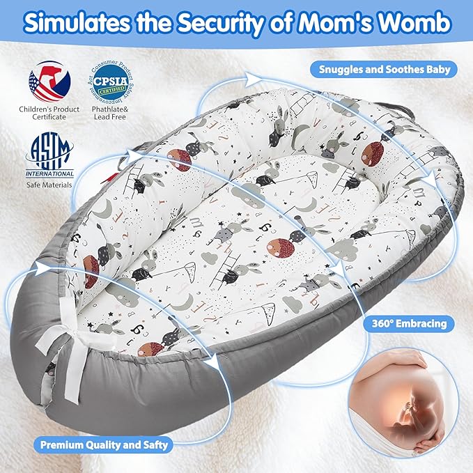 Baby Lounger - Breathable & Soft Baby Nest, Portable and Lightweight Tummy Time Lounger for Home and Travel, Ideal Newborn Babies Essentials Baby Shower Gifts