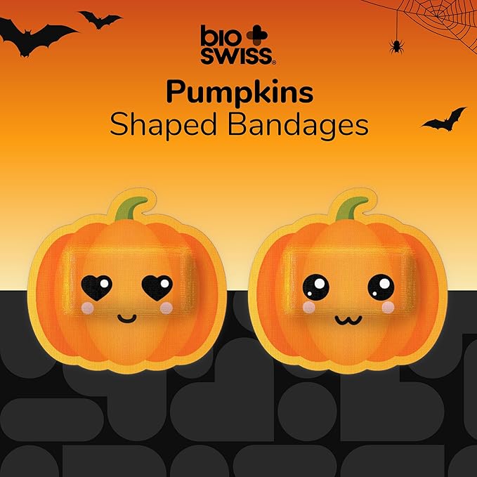 BioSwiss Bandages, Halloween Pumpkin Shaped Self Adhesive Bandage, Latex Free Sterile Wound Care, Fun First Aid Kit Supplies for Kids, 24 Count