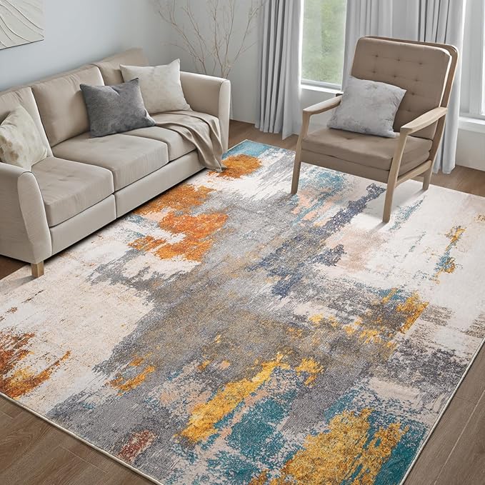 Kelarea Living Room Rug, 6x9 Rug Modern Abstract Washable Rugs Grey Faux Wool Vintage Carpet, Non Slip Rugs for Living Room, Bedroom, Dining Room, Kids Playroom, Home Office