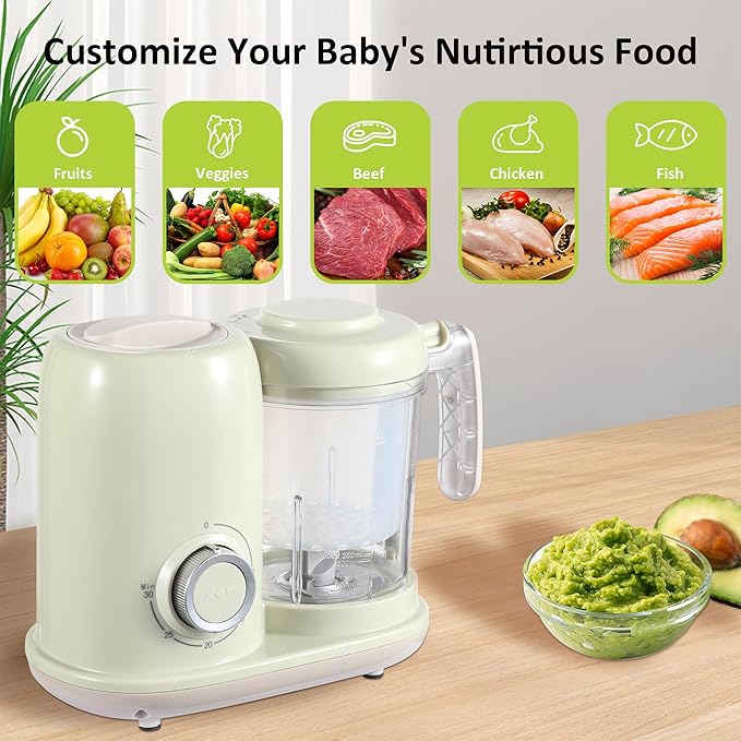 Baby Food Maker, 4 in 1 Baby Food Processor and Steamer, Puree Blender, Multifunctional Baby Puree Maker, Dishwasher Safe (Green)