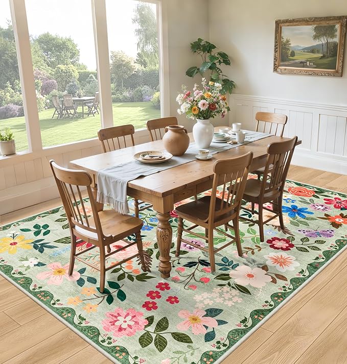 Area Rugs 9x12 Living Room: Floral Washable Rug Vintage Large Soft Boho Non-Slip Carpet Indoor Stain Resistant Low Pile Carpets for Bedroom Dining Room Farmhouse Nursery Hallway Home Office Green