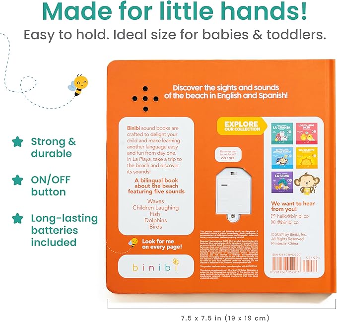 Binibi Spanish Books for Babies & Toddlers 1-3 The Beach Interactive Bilingual Sound Book with Fun Beach Sounds | Bilingual Children's Book | Spanish Learning for Kids