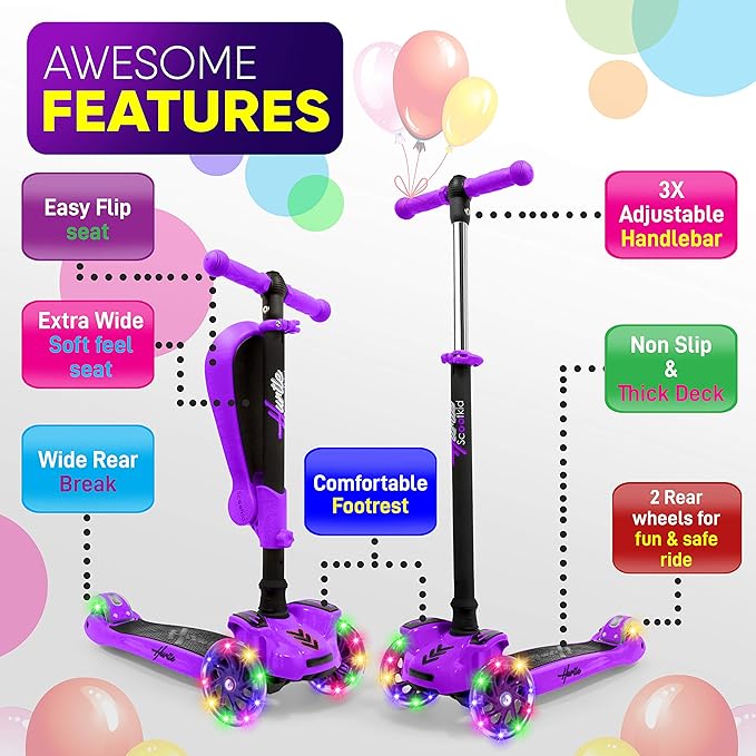 Hurtle 3-Wheeled Scooter for Kids - Wheel LED Lights, Adjustable Lean-to-Steer Handlebar, and Foldable Seat - Sit or Stand Ride with Brake for Boys and Girls Ages 1-14 Years Old