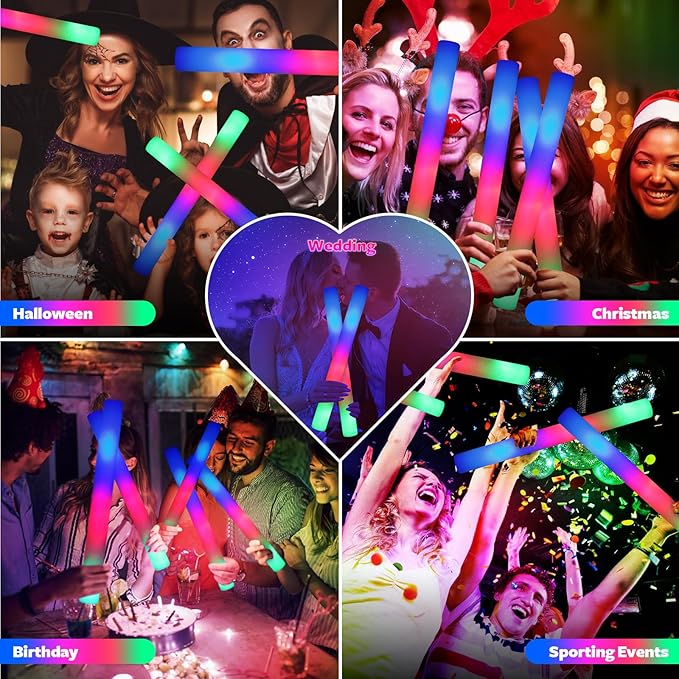 200 PCS LED Foam Glow Sticks Bulk, Glow in the Dark Party Supplies with 3 Modes Colorful Flashing, Neon Party Favors for Birthday, Wedding, Carnival, Concert, New Year