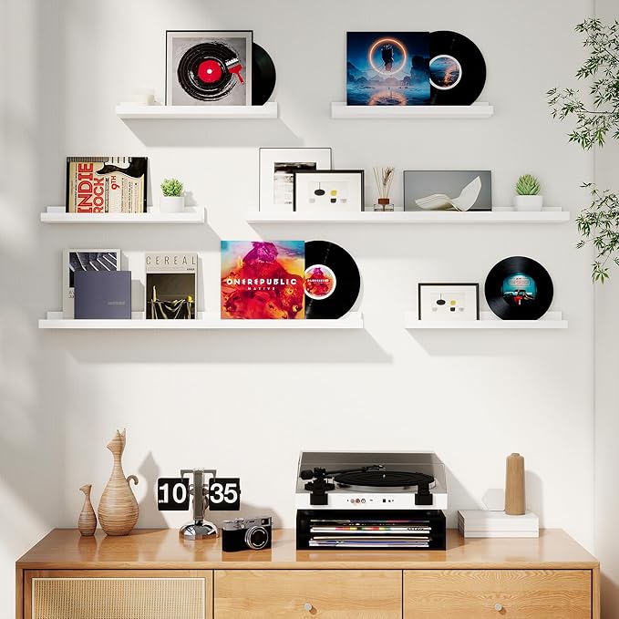 Axeman Picture Ledge Shelf, Floating Shelves for Wall Decor Storage Set of 6, 55 inch Floating Wall Mounted Shelves, Wall Shelves with Lip for Living Room, Bedroom, Nursery, Bathroom, Kitchen, White