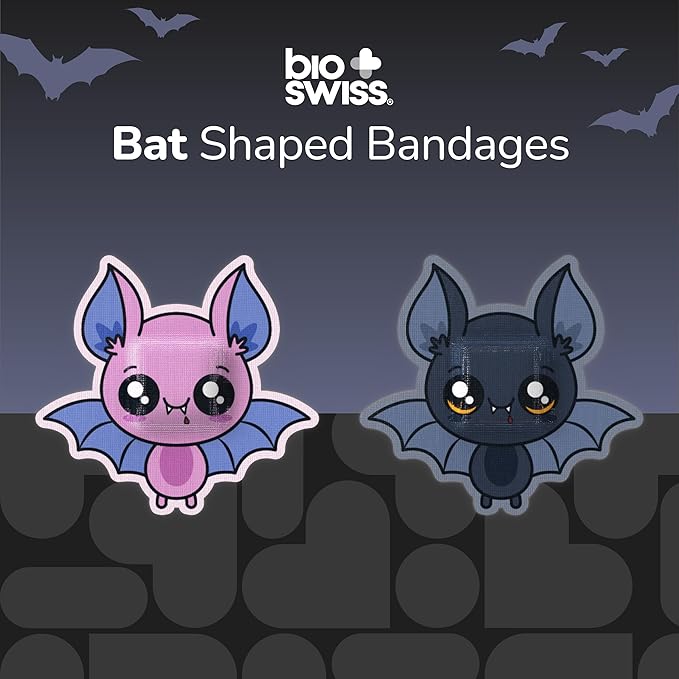 BioSwiss Bandages, Halloween Bat Shaped Self Adhesive Bandage, Latex Free Sterile Wound Care, Fun First Aid Kit Supplies for Kids, 24 Count