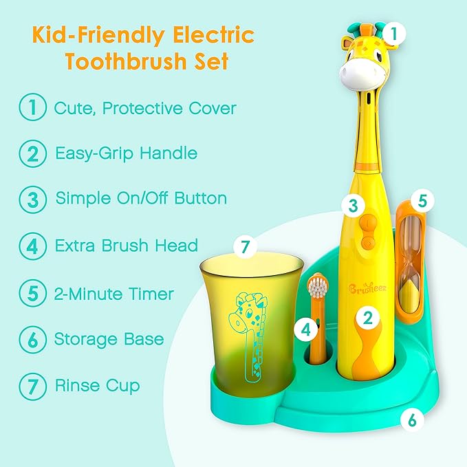 Brusheez Kids’ Electric Toothbrush Set - Safe & Effective for Ages 3+ - Parent Tested & Approved with Gentle Bristles, 2 Brush Heads, Rinse Cup, 2-Minute Timer, & Storage Base (Jovie The Giraffe)