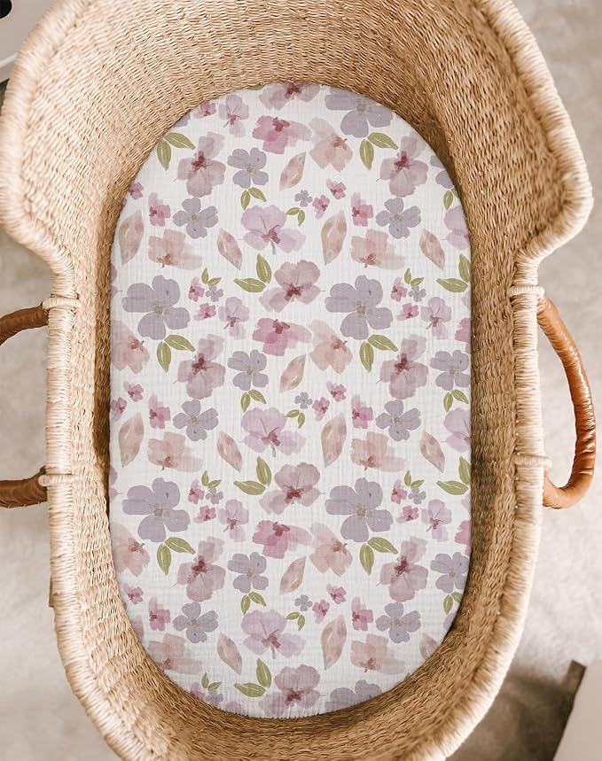 Bassinet Sheet for Baby Boy and Girl 2 Pack, Fitted Sheets for Rectangle, Oval, Hourglass Bassinet Mattress, Muslin Moses Basket Sheets with Neutral Style (Purple Petals & White)