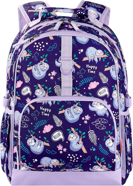 Choco Mocha Sloth Backpack for Girls, Elementary School Backpack for Girls Ages 6-8 Kids Kindergarten Backpack Large Bookbag 18 Inch with Chest Strap, Purple