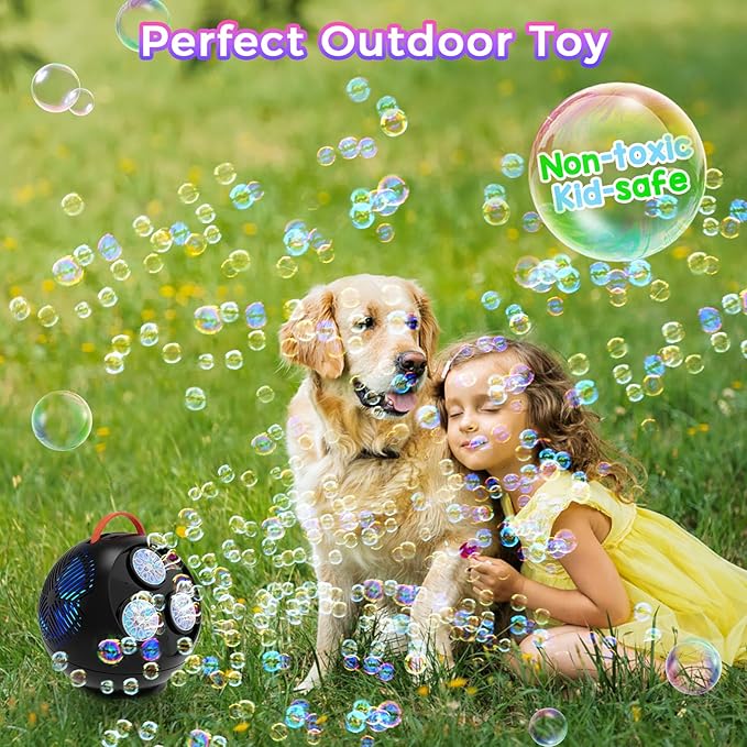 Bubble Machine Automatic Bubble Blower for Kids Toddlers Rechargeable Portable Spherical LED Bubble Maker Electric Auto Rotating 45°/360° Outdoor Toy Birthday Party Wedding (Spherical Black)