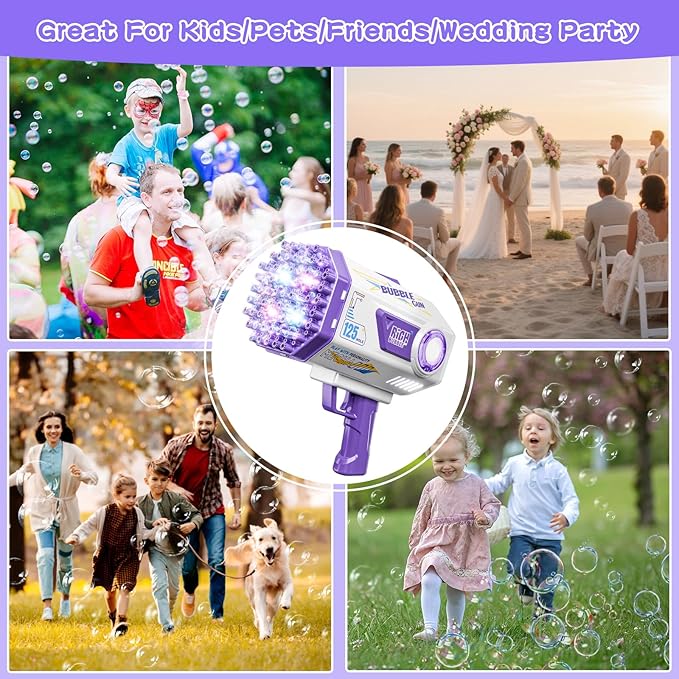 BOMOCO Bubble Gun,125 Holes Bubble Machine Bubbles for Kids 3-12,Bubble Blaster Gun with Bubble Solution Summer Outdoor Bubble Toys Birthday Wedding Halloween Party Favors Gifts Bubble Maker,Purple