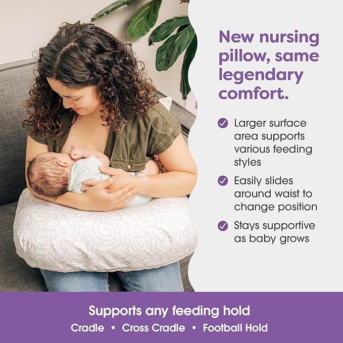 Boppy Nursing Pillow - Ergonomic Bottle & Breastfeeding Pillow with High, Firm, Large Area, Water-Repellent Cushion with Washable Cover; Baby Safety Alliance Verified - Cream Retro Squiggles