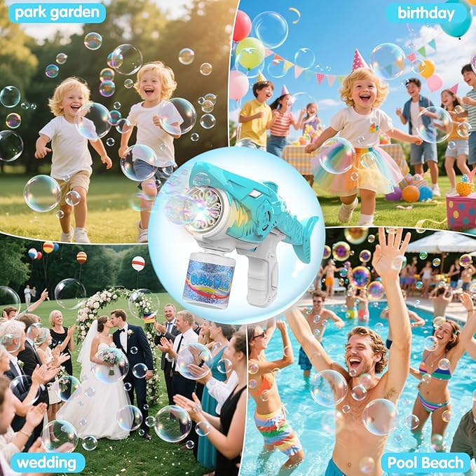 Automatic Bubble Machine Gun for Kids with 2 Bottles 5 Bags of Refill Solution Lights ElectricShark Bubble Gun Toys Outdoor Toys Gifts Wedding Easter Party Favor