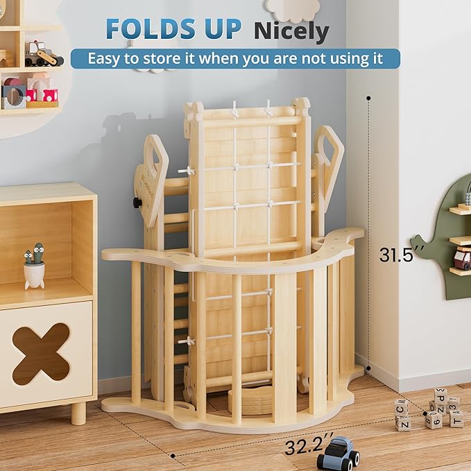 BlueWood 10-in-1 Pikler Triangle Set, Toddler Climbing Toys Indoor, Montessori Climber, Baby Jungle Gyms with Arch, Extra Rope Ladder & Footprint Balance Beam - Natural Rustic